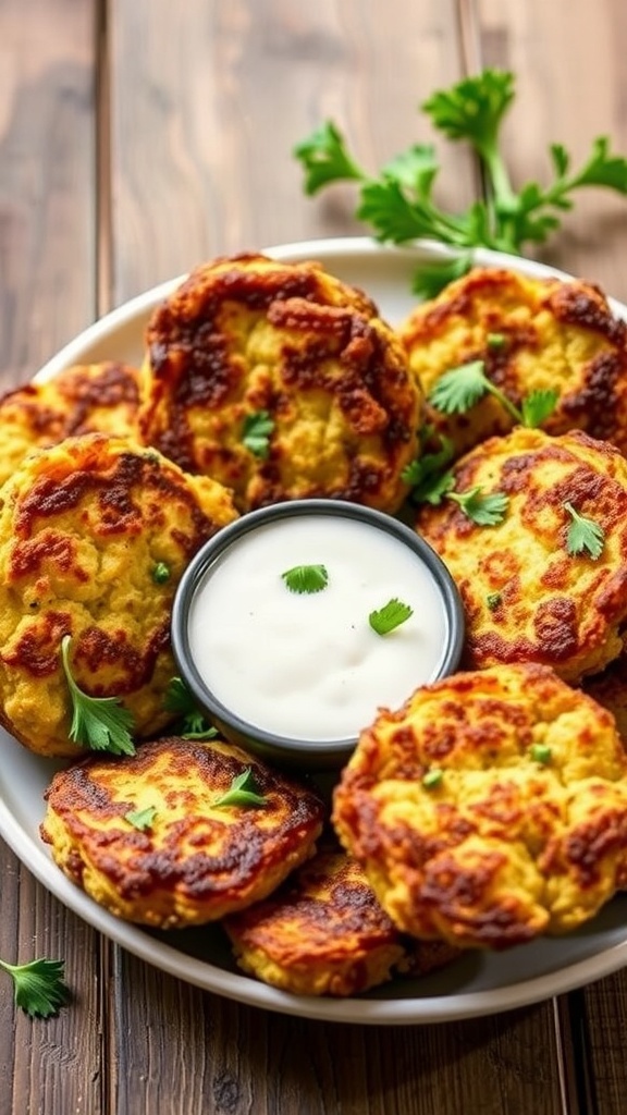 Crispy keto broccoli fritters served with dipping sauce on a rustic plate.